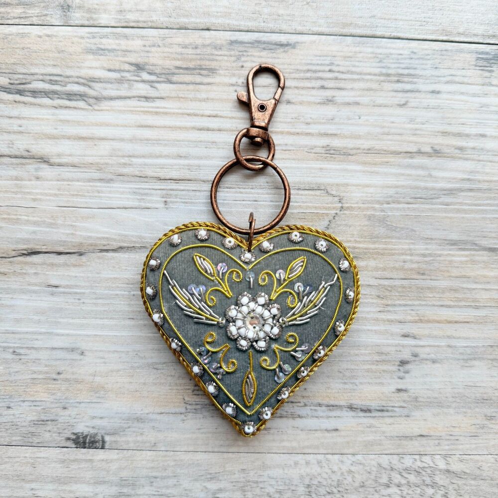 Vintage Beaded Velvet Heart Bag Charm Cottagecore Whimsical Floral Keychain